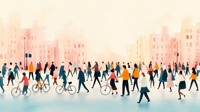A vibrant urban scene depicting diverse people walking and cycling in a busy city, showcasing community and movement.