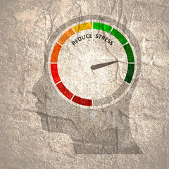 Stress scale test with high level tension, risk for health. Stress regulation, safe health. Stress reduce measuring device and human head silhouette.