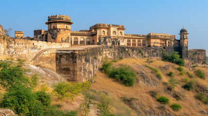 Obraz premium A majestic historical fort on a hill with ornate architecture and ancient stone walls, surrounded by lush greenery under a clear blue sky.