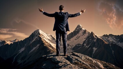 Fototapeta premium Businessman in suit, reaching the top. Success and achievement visible in his expression.