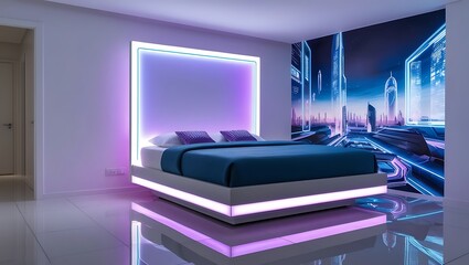 Futuristic Bedroom with Sleek, High-Tech Furniture, Ambient LED Lighting, and Minimalist Design – A Visionary Space for Modern Living and Relaxation