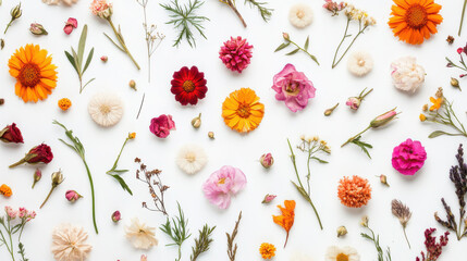 A colorful arrangement of summer flowers is beautifully displayed on a white background, showcasing the variety and vibrancy of seasonal blooms