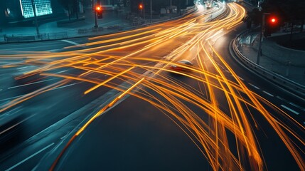 Obraz premium Cityscape Traffic Lights Trails, a long exposure photo of a busy intersection showing dynamic light trails created by cars at night, symbolizing urban mobility, connectivity, energy, and the flow of t