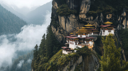 A stunning view of the Tiger's Nest Monastery, a Himalayan Buddhist temple complex perched on the cliffs, surrounded by lush green mountains and misty clouds. © Steven