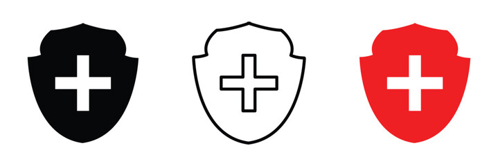 Obraz premium Health Shield with plus icon set. Health protection symbols. Safety medicine. Vector&nbsp;illustration in eps 10.