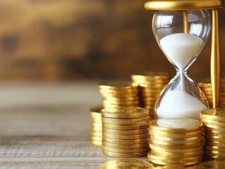 An hourglass surrounded by stacks of golden coins, symbolizing the concept of time management and financial planning.