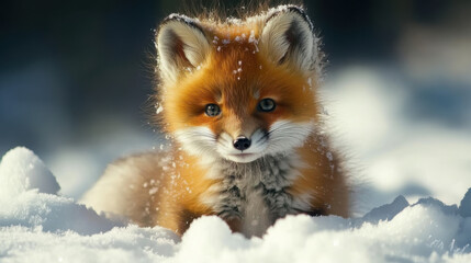 Brown fox cubs in the snow field winter spread