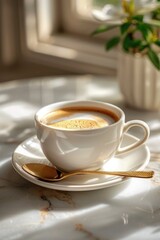 Fototapeta premium The white cup on the table is filled with fresh coffee