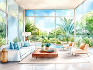 Bright and airy living room with modern decor, large windows, and lush greenery. A perfect blend of comfort and style.