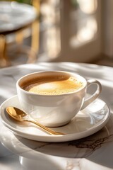 Obraz premium The white cup on the table is filled with fresh coffee