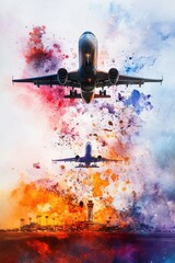 A colorful painting of two airplanes flying through a colorful sky. The planes are in the middle of a colorful explosion