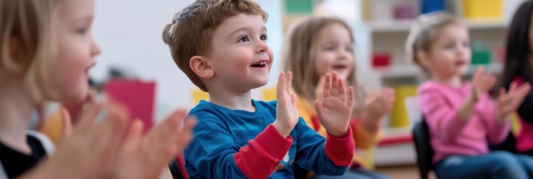 Children are enthusiastically clapping hands in a vibrant classroom setting, brimming with learning tools and creativity, representing education and joy.
