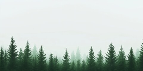 Fototapeta premium A serene forest with tall evergreen trees shrouded in a gentle fog, creating a peaceful and tranquil atmosphere under diffused, soft natural light in a misty morning scene.