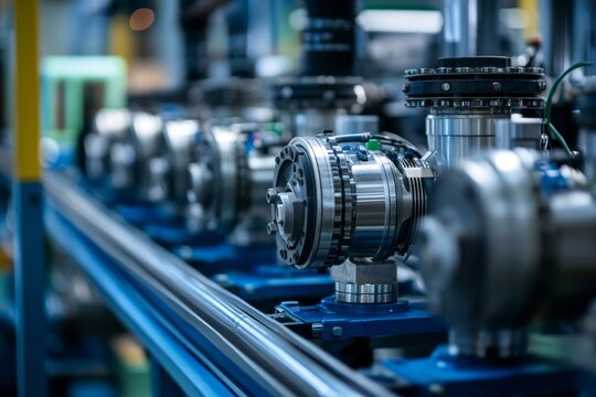 Close-up of industrial diaphragm pumps in a factory setting, showcasing precision engineering, industrial automation, and high-performance machinery.