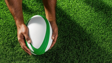 Hands holding a white and green rugby ball on a grass field