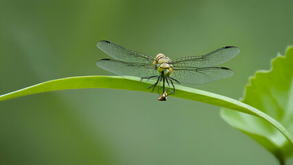 Cute dragonfly on green leaf insect dragonfly  wing  bug  fly color image  flying green background,