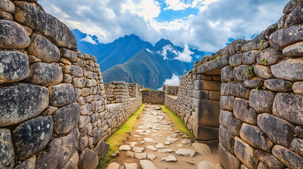 Ancient stone ruins of Machu Picchu with a breathtaking backdrop of Andean mountains under a partly cloudy sky, highlighting the historical architecture and natural beauty.