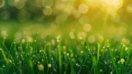 Obraz premium Lush Green Grass with Dew, A vibrant scene showcasing fresh green blades adorned with glistening droplets, capturing the essence of morning freshness and nature's beauty.