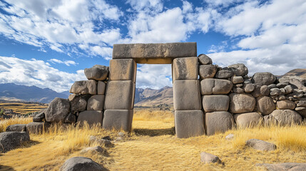 Ancient stone portal in a historic archaeological site with a breathtaking mountainous landscape in the background, under a partly cloudy blue sky.