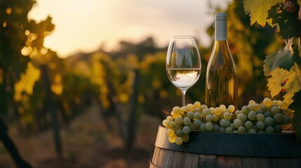 Fototapeta premium Wine Bottle and Grapes at Sunset