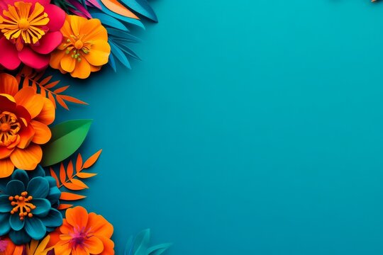 Colorful paper flowers arranged on a teal background, perfect for Cinco de Mayo celebrations, Mexican fiestas, or summer events.