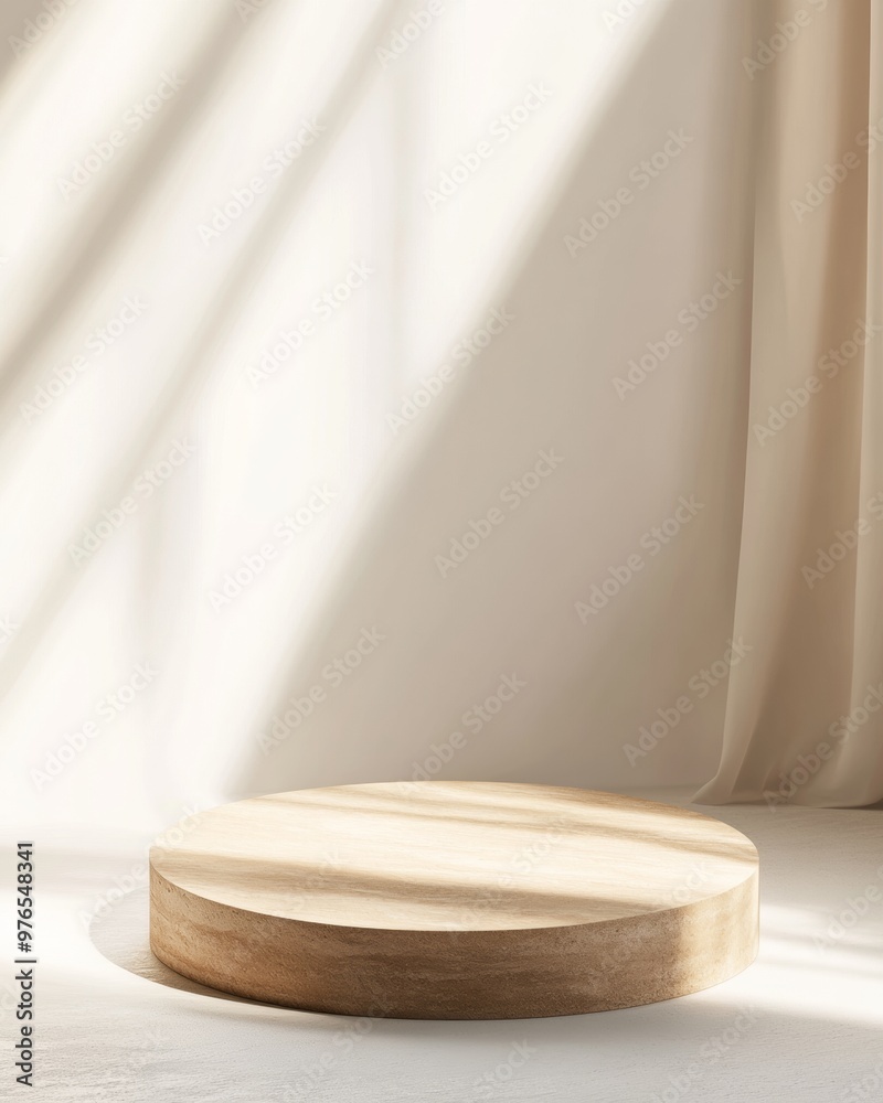 Poster modern minimalist pastel wooden podium on soft white background with diffused lighting and soft glow