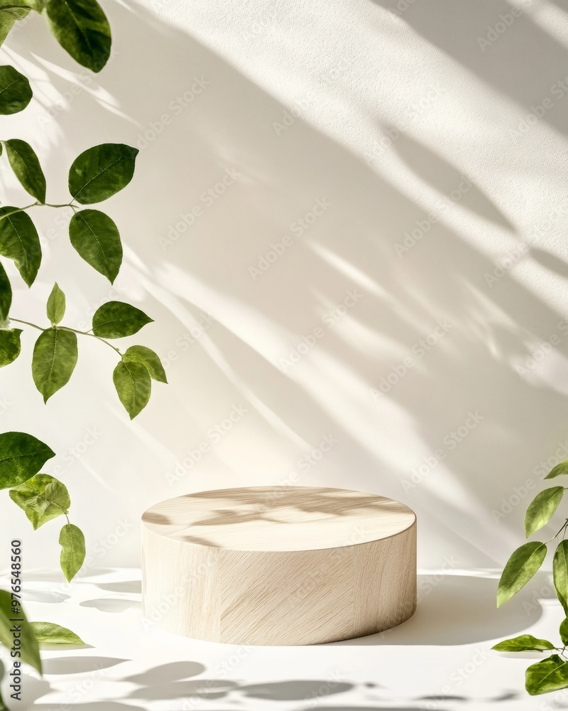Poster minimalist wooden podium surrounded by green leaves on a bright white background with soft shadows –