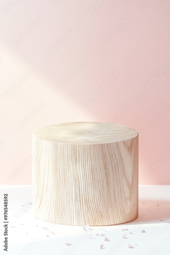Poster minimalist wood podium on pastel pink gradient background with floating particles