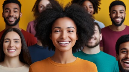 Obraz premium Diverse group of smiling individuals posing together against a vibrant yellow backdrop showcasing unity and joy in a creative atmosphere.