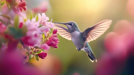 Obraz premium A hummingbird is flying over a field of pink flowers. Concept of freedom and beauty, as the bird gracefully moves through the air, surrounded by the vibrant colors of the flowers