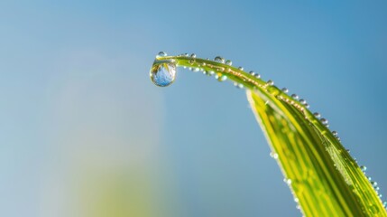 Dewdrop on a Green Leaf Against a Blue Sky