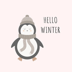 Hello winter. A penguin in winter clothes with a hat and a scarf. Scandinavian style. Hand drawn vector illustration