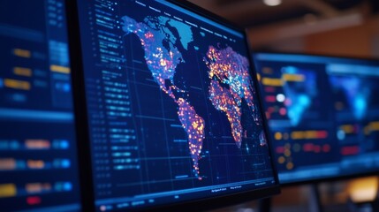 Multicultural Scientists Analyzing Monkeypox Outbreak Data on Global Digital Map in Control Room, Evening, Intense Focus