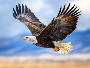 Obraz premium A large eagle is flying in the sky with its wings spread wide. The eagle is soaring high above a grassy plain, with mountains in the background. Concept of freedom and power, as the eagle takes flight