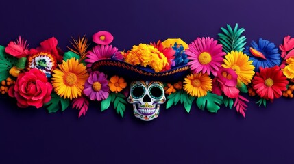 Fototapeta premium Day of the Dead Floral Skull Arrangement, a colorful celebration of life with marigolds, sugar skulls, and vibrant flowers.