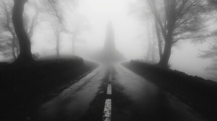 Eerie Ghostly Presence on Foggy Forest Road