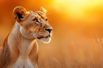 A lion is standing in a field of tall grass. The sun is setting in the background, casting a warm...