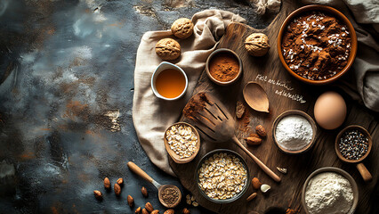 This image shows ingredients for baking, including flour, cocoa, nuts, oats, and eggs.