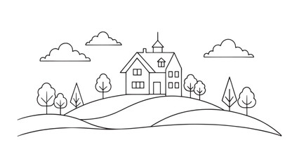 Picturesque house perched on a hill, surrounded by lush trees and a backdrop of fluffy clouds in a clear blue sky continuous line art flat vector illustration.