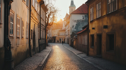 Fototapeta premium A serene cobblestone street bathed in the warm glow of a sunrise, flanked by historic European-style buildings.