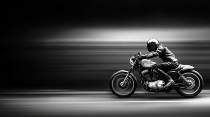 A man is riding a motorcycle on a road. The image is in black and white and has a moody, dramatic feel to it