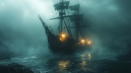 Ghostly Ship Sailing Through Fog - Eerie Maritime Scene with Spectral Figures in Unreal Engine 3D Rendering