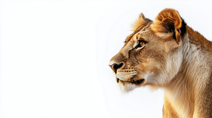 A majestic lioness with a focused gaze, set against a crisp white background, showcasing its powerful features and tawny fur.