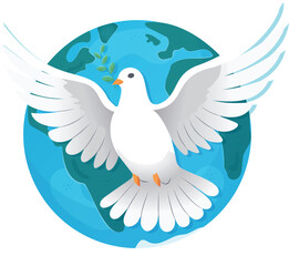 Obraz premium Vector Peace Dove in flight and Planet Earth on the transparent background. Peace anti war symbols. Peace concept Banner card design for International World Peace Day 