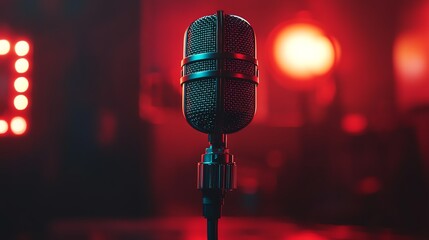 Vintage microphone on a stage with red lighting.