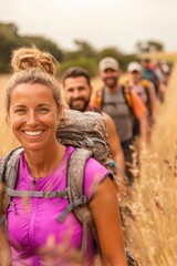Diverse Group Hiking on Camino de Santiago - Authentic, Natural Lighting, and Analog-Style Textures