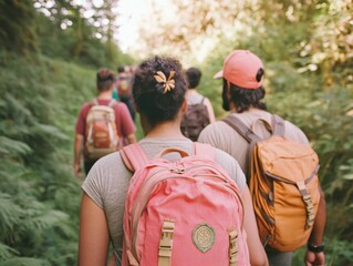 Naklejka premium Diverse Group of Hikers on Lush Green Trail Engaging in Conversation