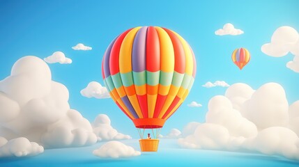 Naklejka premium A colorful hot air balloon with a basket flies above fluffy white clouds against a blue sky.