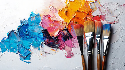 There are paintbrushes and colorful paint on a white surface,space for text.