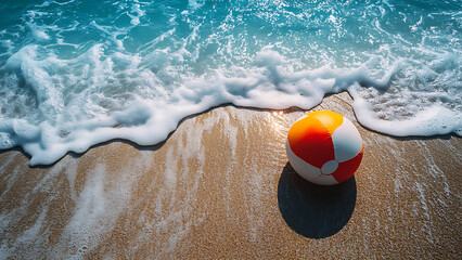 Obraz premium A beach ball on a sandy beach with waves.